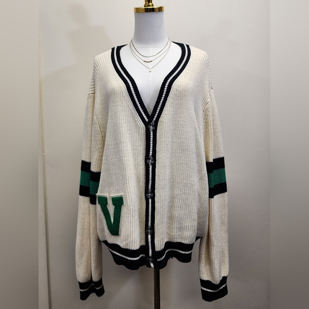 Callahan Varsity Letter Cardigan Chunky Knit Cream Preppy Sweater Size 1X